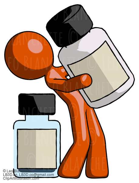 Orange Design Mascot Man Holding Large White Medicine Bottle With Bottle In Background #9240