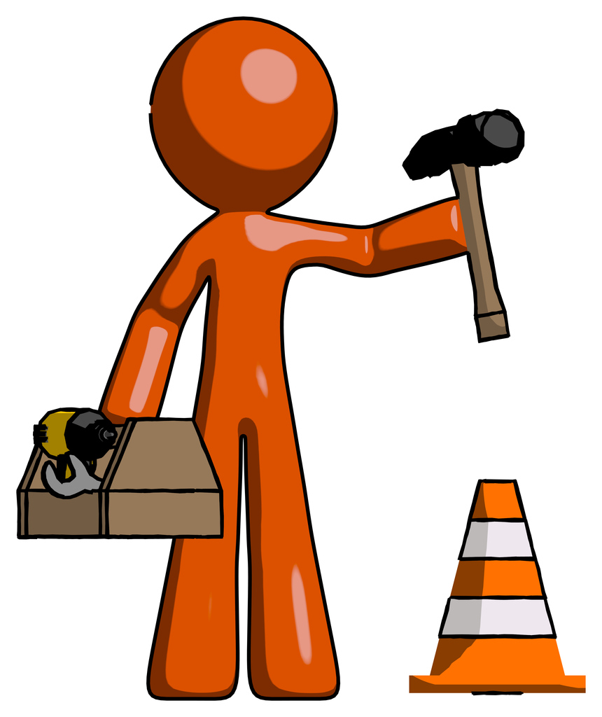 Orange Design Mascot Man Under Construction Concept, Traffic Cone And Tools