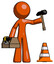 Orange Design Mascot Man Under Construction Concept, Traffic Cone And Tools