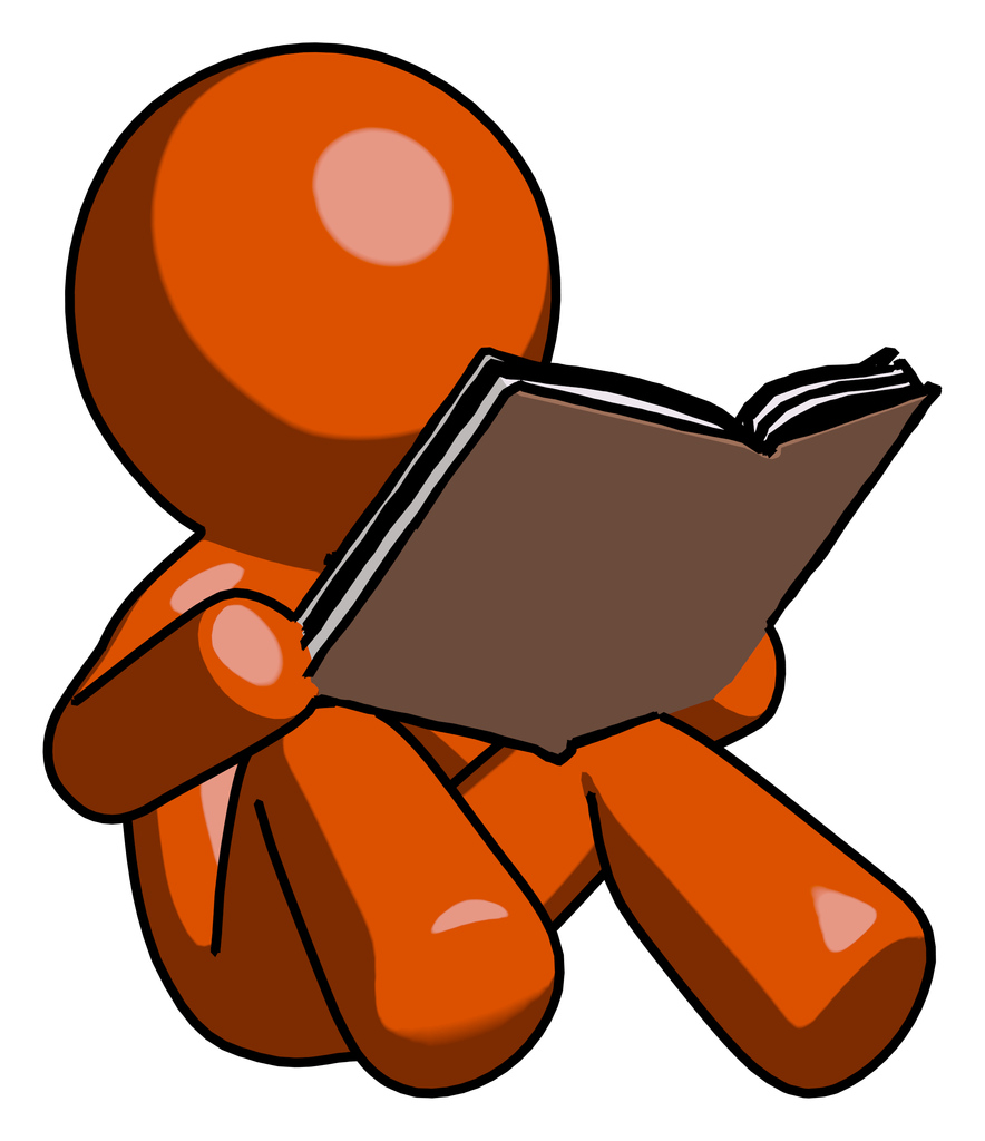 Orange Design Mascot Man reading book while sitting down