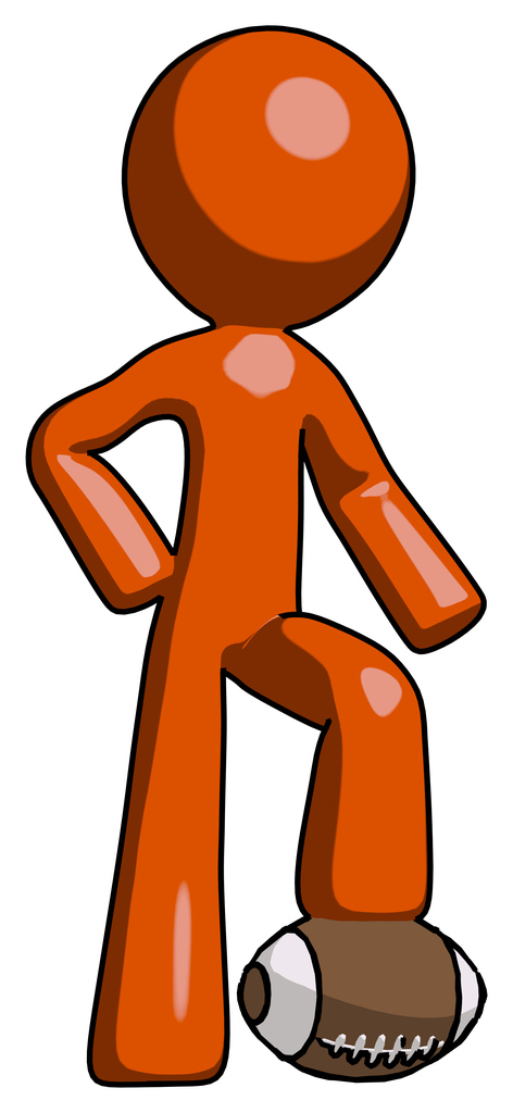 Orange Design Mascot Man standing with foot on football