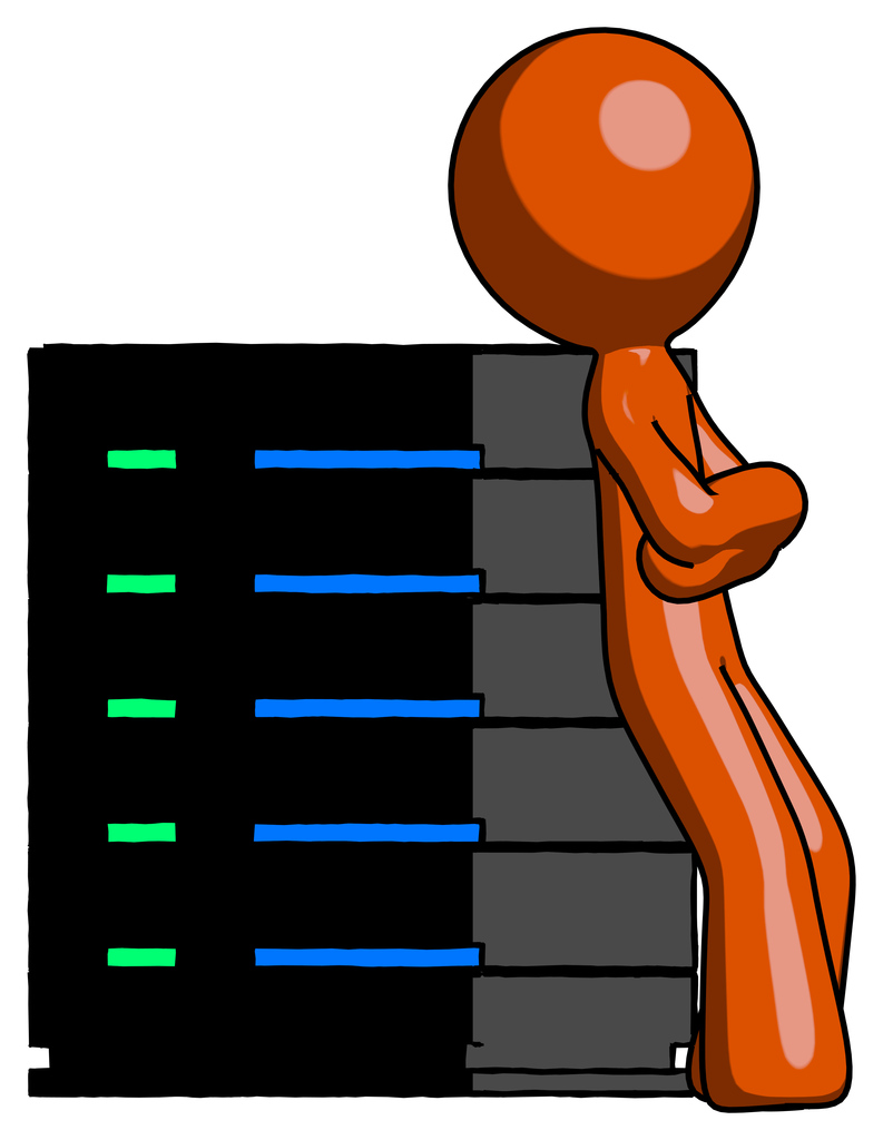 Orange Design Mascot Man Resting Against Server Rack Viewed At Angle