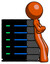 Orange Design Mascot Man Resting Against Server Rack Viewed At Angle