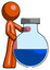 Orange Design Mascot Man Standing Beside Large Round Flask Or Beaker