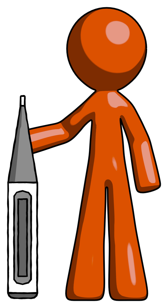 Orange Design Mascot Man Standing With Large Thermometer
