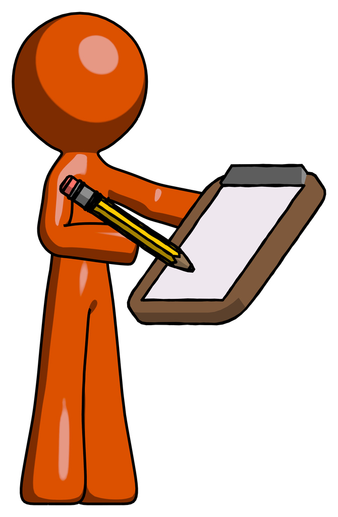 Orange Design Mascot Man Using Clipboard And Pencil