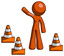 Orange Design Mascot Man Standing By Traffic Cones Waving
