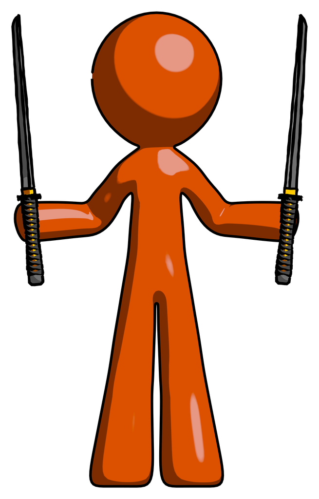 Orange Design Mascot Man posing with two ninja sword katanas up