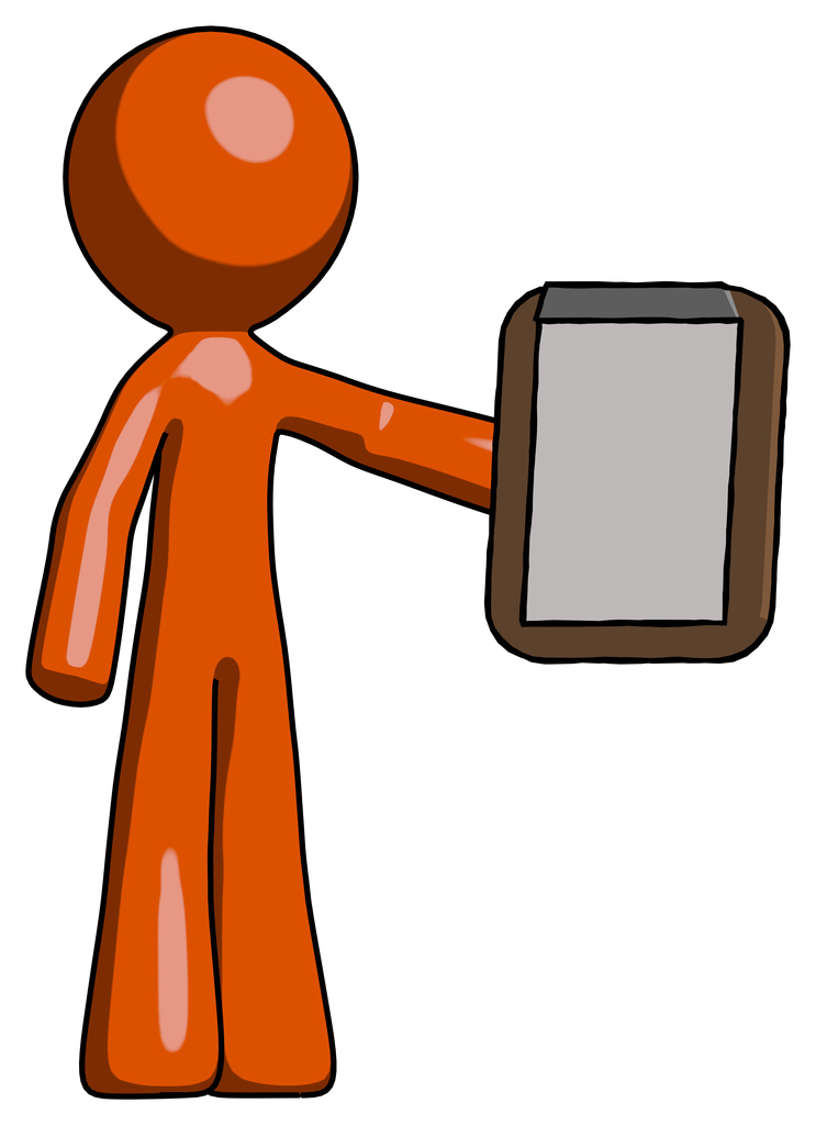 Orange Design Mascot Man Showing Clipboard To Viewer