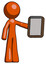 Orange Design Mascot Man Showing Clipboard To Viewer