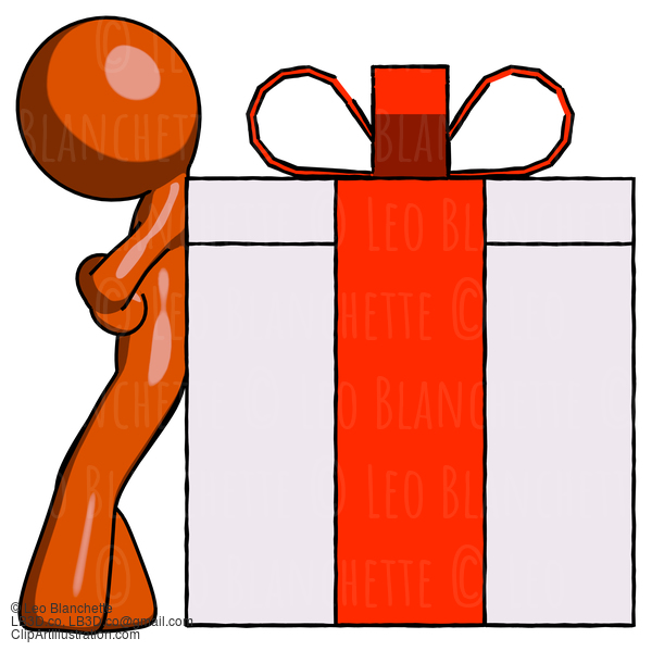 Orange Design Mascot Man Gift Concept - Leaning Against Large Present #9269