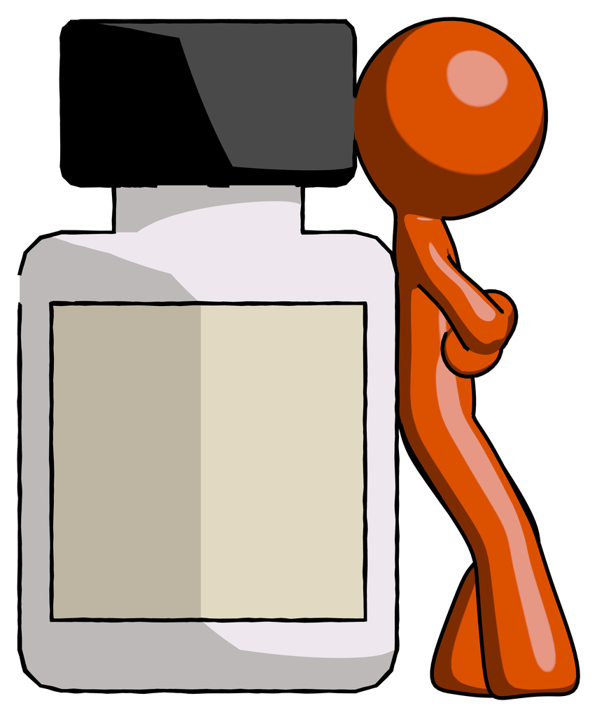 Orange Design Mascot Man Leaning Against Large Medicine Bottle