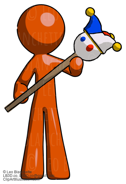 Orange Design Mascot Man Holding Jester Diagonally #9277