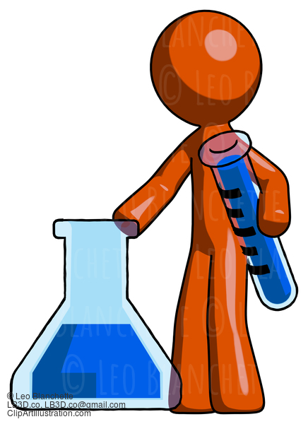 Orange Design Mascot Man Holding Test Tube Beside Beaker Or Flask #9280