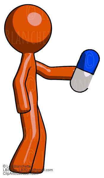 Orange Design Mascot Man Holding Blue Pill Walking To Right #9284