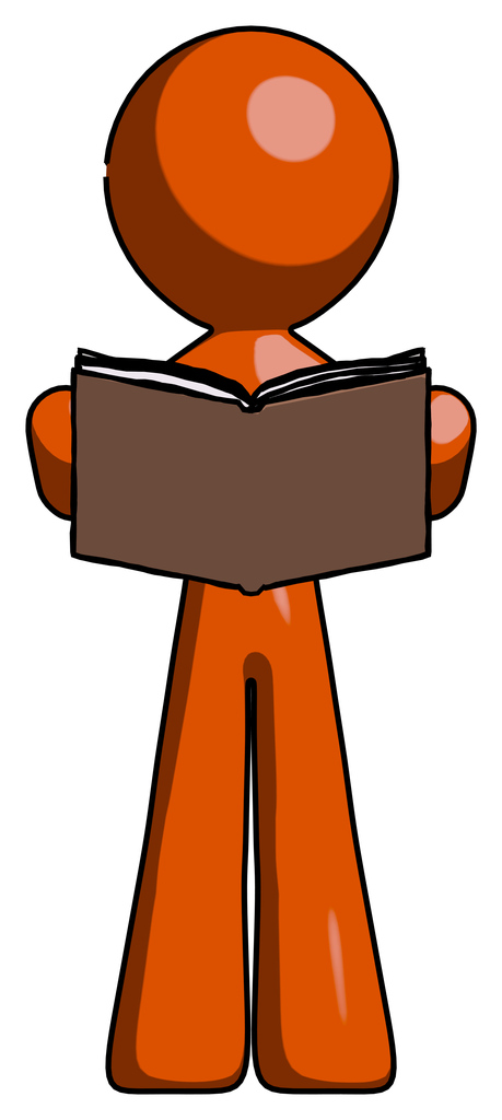 Orange Design Mascot Man reading book while standing up facing viewer