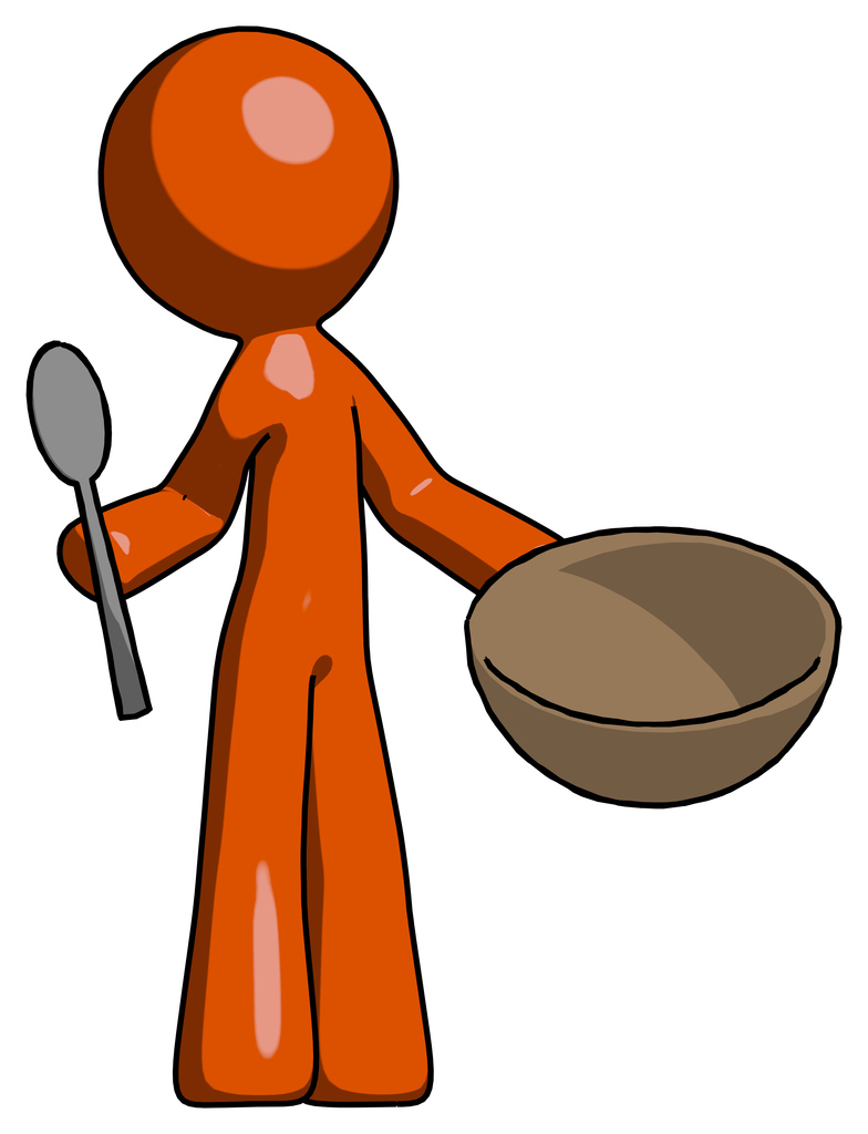 Orange Design Mascot Man with empty bowl and spoon ready to make something