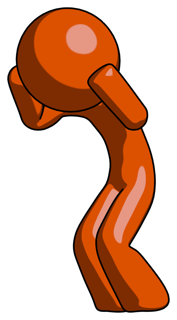 Orange Design Mascot Man with Headache or Covering Ears Turned to His Left