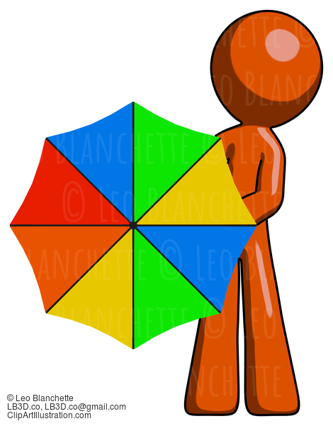 Orange Design Mascot Man Holding Rainbow Umbrella Out To Viewer #9288