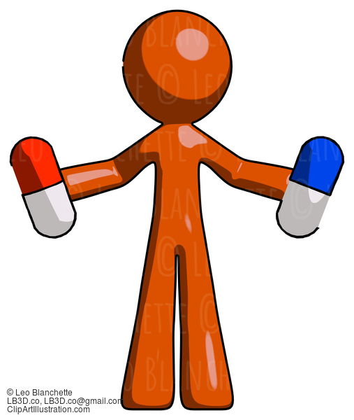 Orange Design Mascot Man Holding A Red Pill And Blue Pill #9289