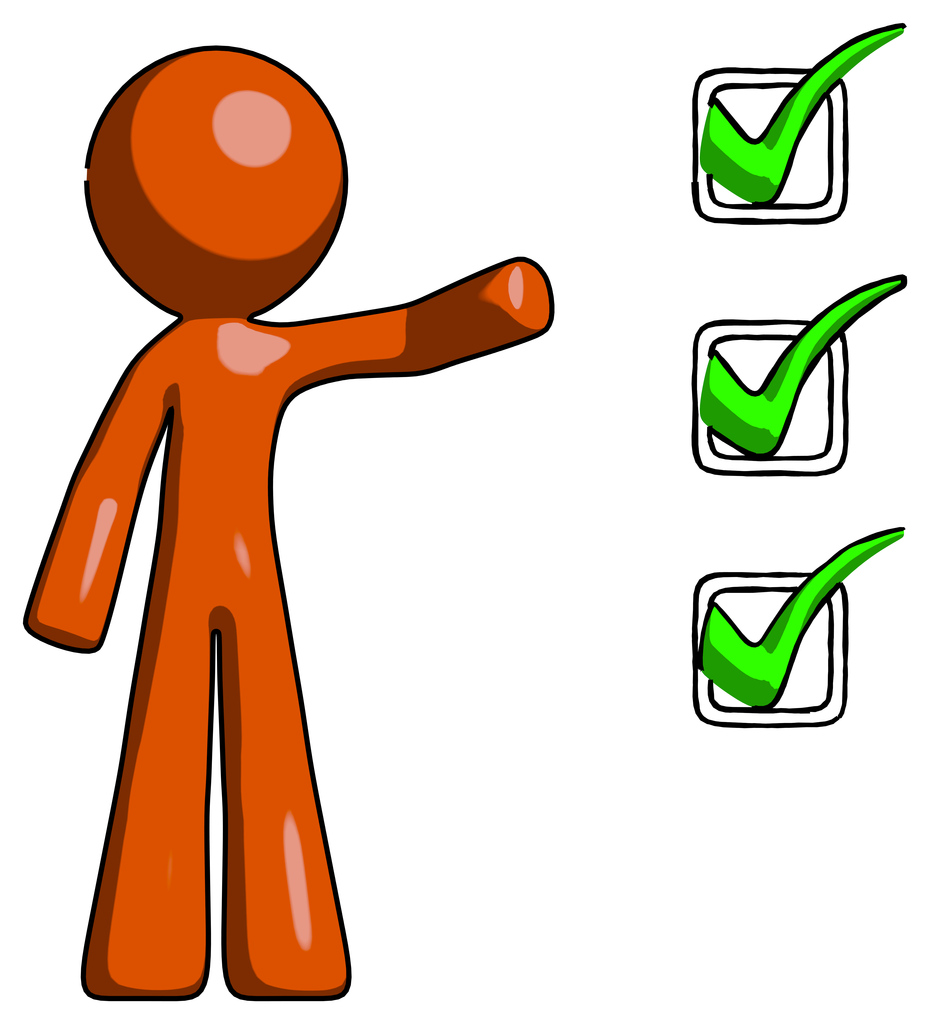 Orange Design Mascot Man standing by list of checkmarks