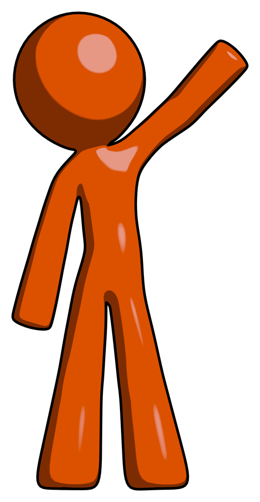 Orange Design Mascot Man Waving Emphatically with Left Arm