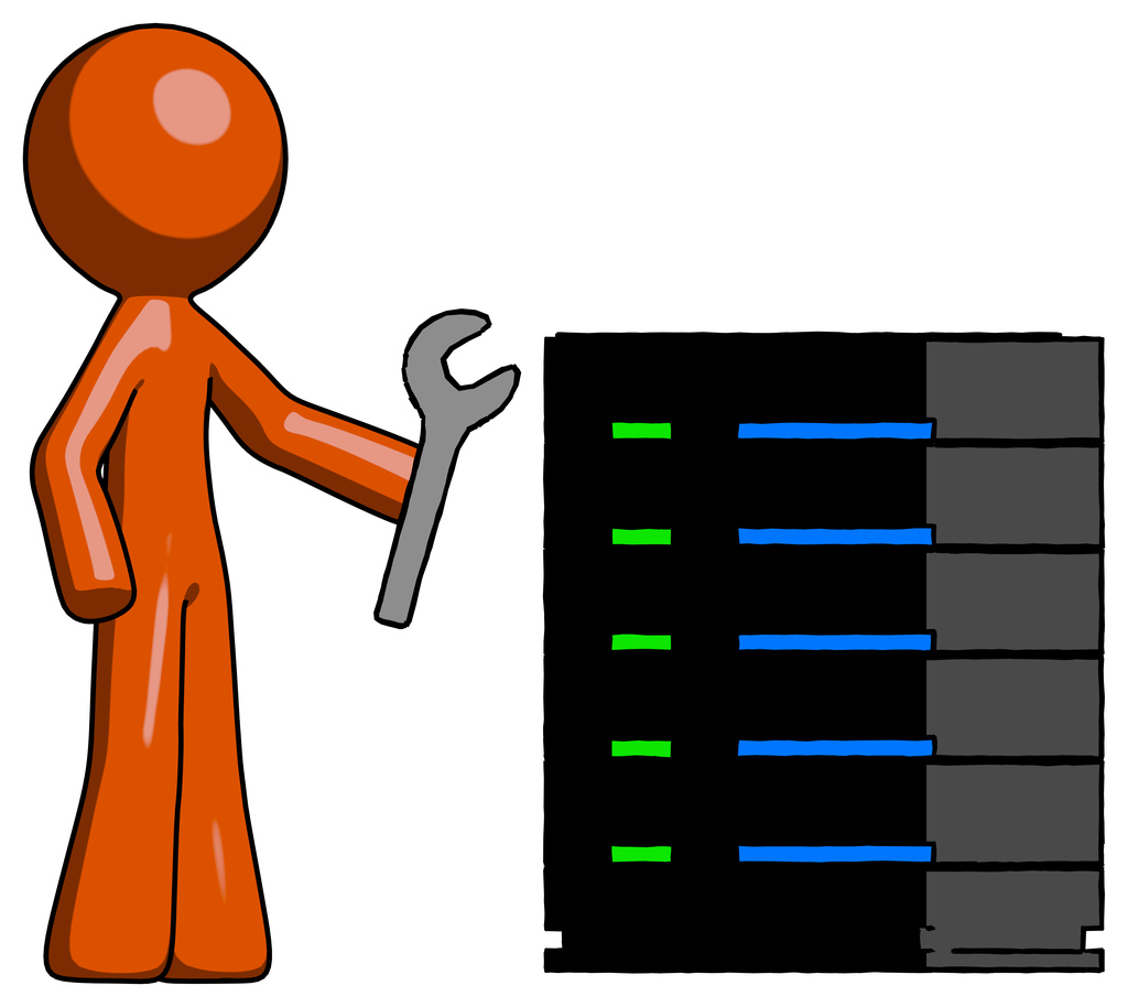 Orange Design Mascot Man Server Administrator Doing Repairs