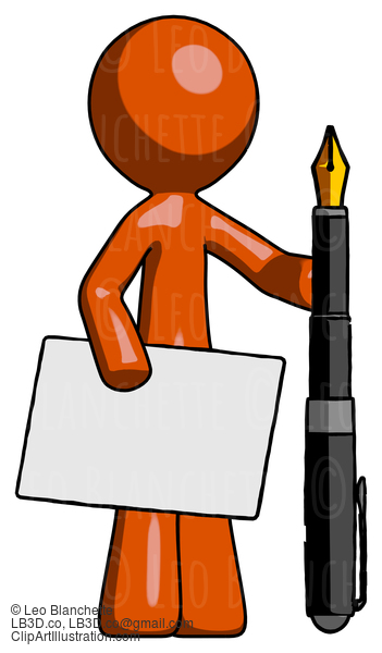 Orange Design Mascot Man Holding Large Envelope And Calligraphy Pen #9297