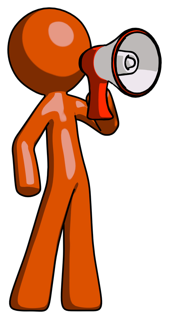 Orange Design Mascot Man shouting into megaphone bullhorn facing right