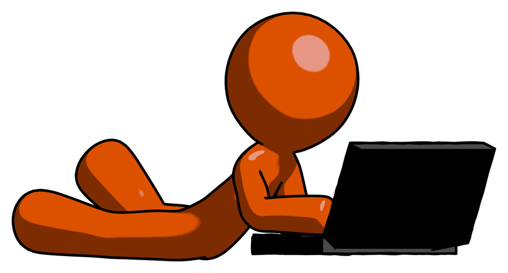 Orange Design Mascot Man using laptop computer while lying on floor side angled view