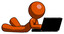 Orange Design Mascot Man using laptop computer while lying on floor side angled view