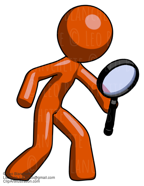 Orange Design Mascot Man Inspecting With Large Magnifying Glass Right #9301