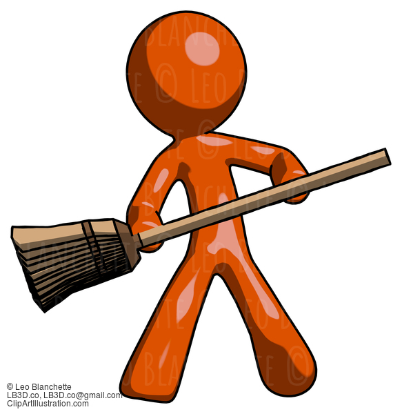 Orange Design Mascot Man Broom Fighter Defense Pose #9302