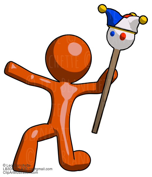 Orange Design Mascot Man Holding Jester Staff Posing Charismatically #9303