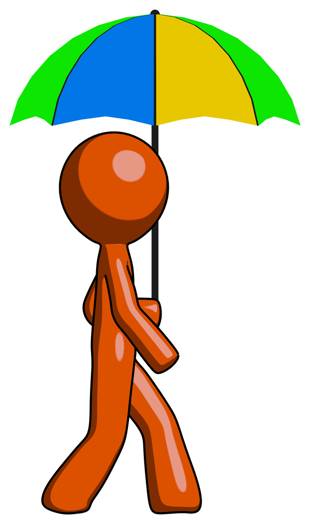 Orange Design Mascot Man Walking With Colored Umbrella