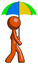 Orange Design Mascot Man Walking With Colored Umbrella