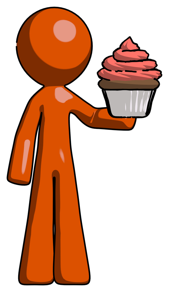 Orange Design Mascot Man presenting pink cupcake to viewer
