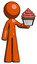 Orange Design Mascot Man presenting pink cupcake to viewer