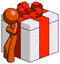 Orange Design Mascot Man Leaning On Gift With Red Bow Angle View