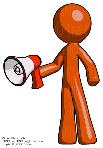 Orange Design Mascot Man Holding Megaphone Bullhorn Facing Right #9317