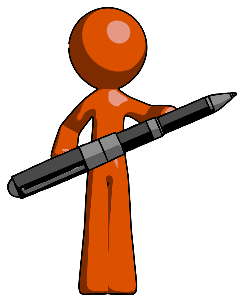Orange Design Mascot Man posing confidently with giant pen
