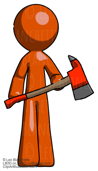 Orange Design Mascot Man Holding Red Fire Fighter’S Ax #9319