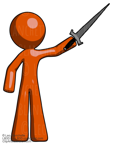 Orange Design Mascot Man Holding Sword In The Air Victoriously #9328