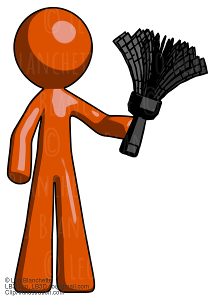 Orange Design Mascot Man Holding Feather Duster Facing Forward #9330