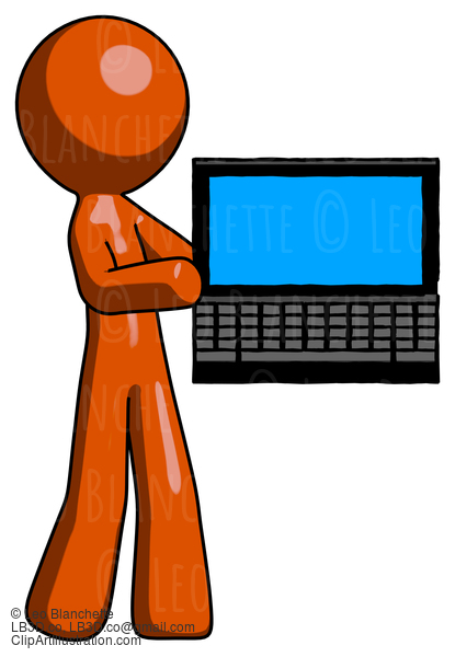 Orange Design Mascot Man Holding Laptop Computer Presenting Something On Screen #9331