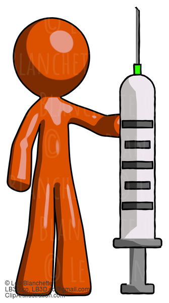 Orange Design Mascot Man Holding Large Syringe #9333