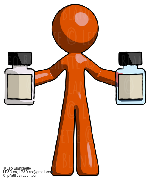 Orange Design Mascot Man Holding Two Medicine Bottles #9335