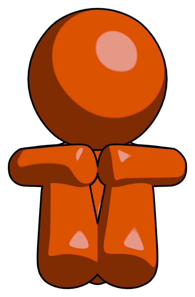 Orange Design Mascot Man Sitting with Head Down Facing Forward