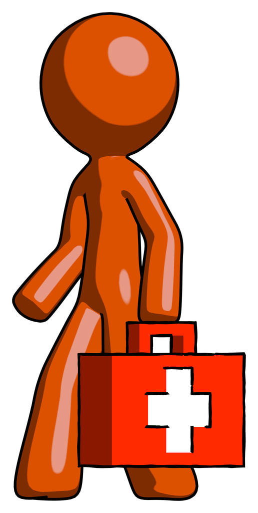 Orange Design Mascot Man Walking With Medical Aid Briefcase To Left