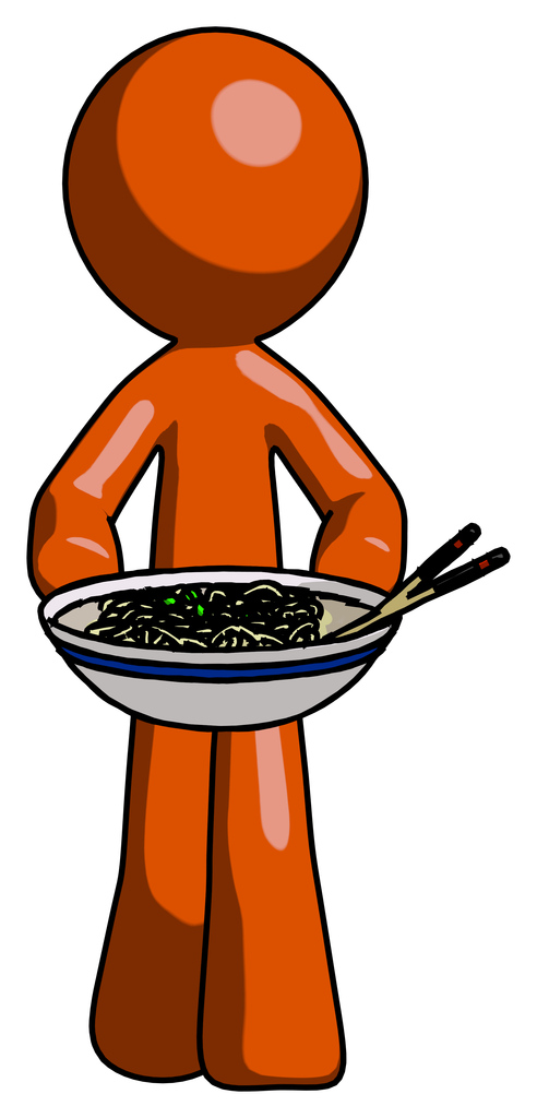 Orange Design Mascot Man serving or presenting noodles